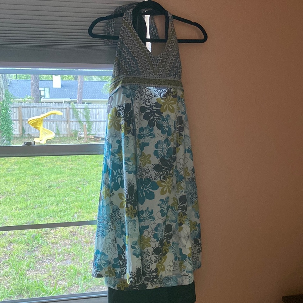 Bundle of 2 Athleta halter dresses. Black, blue green floral.